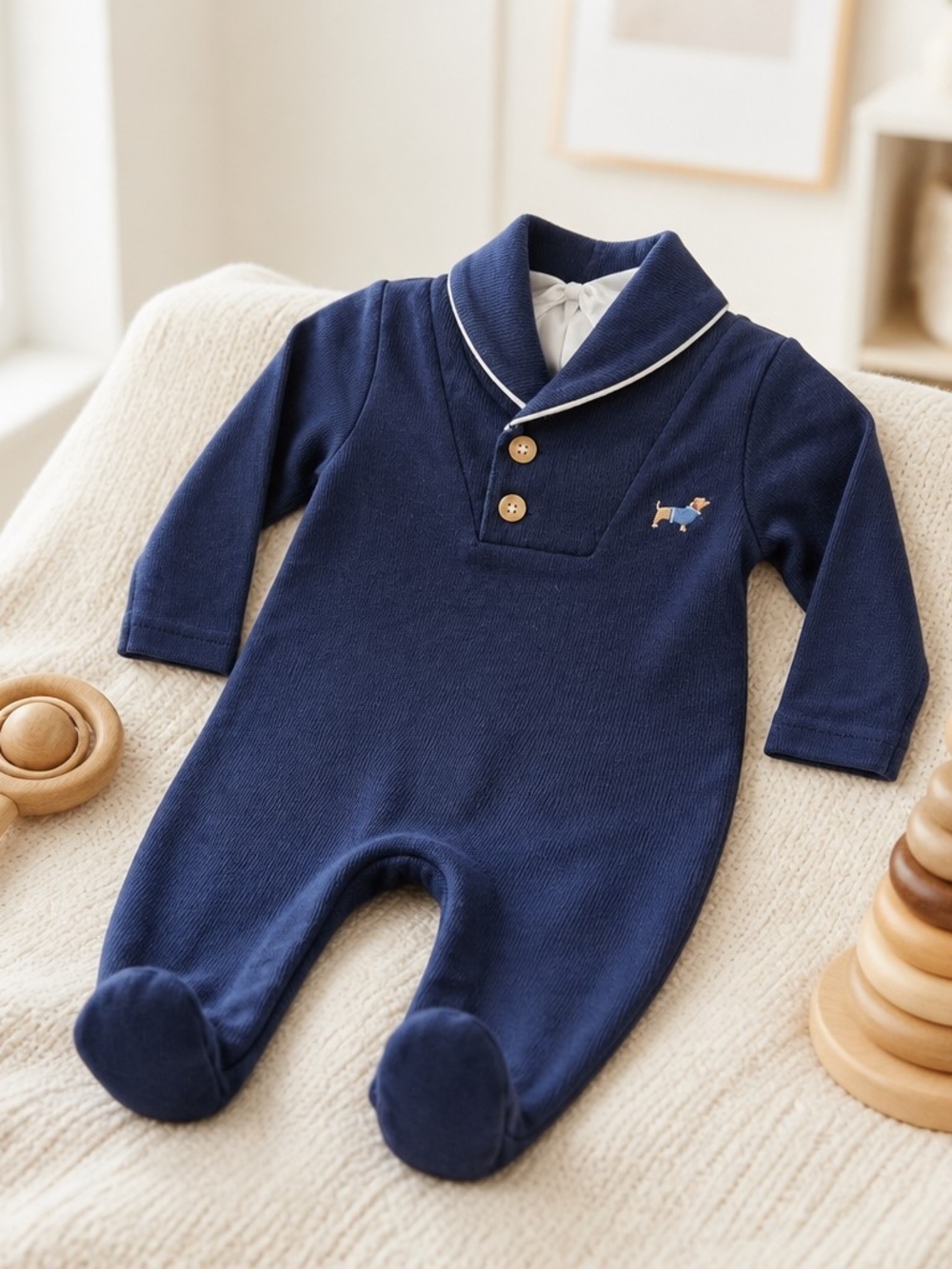 Navy Footed Baby Romper with Dog Embroidery